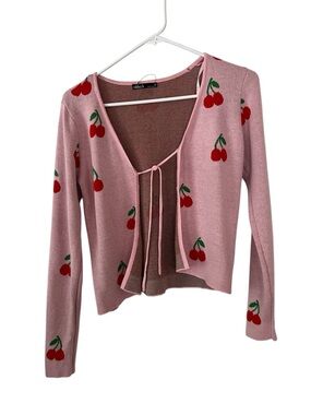 nikkak SzM Pink with Red Cherry Tie-Front Cotton Blend Cardigan Sweater